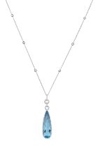 An 18 Carat White Gold Aquamarine and Diamond Cluster Pendant on Chain, by Hirsh London the pear cut