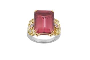 A Platinum Pink Tourmaline and Diamond Ring, by Hirsh London the emerald-cut pink tourmaline in a