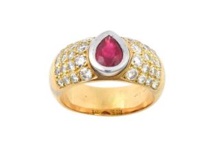 A Ruby and Diamond Ring the pear cut ruby in a white rubbed over setting, to yellow round