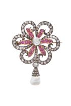 A Victorian Ruby, Diamond and Pearl Brooch/Pendant the central old cut diamond in a white claw