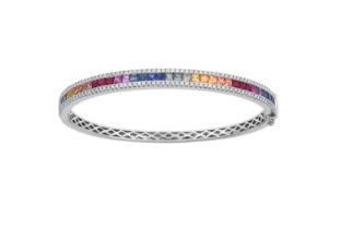 An 18 Carat White Gold Sapphire and Diamond Bangle the calibré cut sapphires depicting the colours