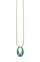 An Opal, Tanzanite and Diamond Pendant on Chain the stylised oval openwork frame composed of a