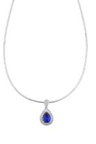 A Tanzanite and Diamond Cluster Pendant on Chain the pear cut tanzanite in a white claw setting,