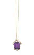 An Amethyst and Diamond Pendant on Chain the emerald-cut amethyst in a yellow four claw setting,