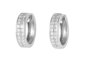 A Pair of 18 Carat White Gold Diamond Hoop Earrings two rows of princess cut diamonds, in white