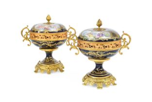 A Pair of Gilt Metal-Mounted Sèvres-Style Porcelain Pedestal Bowls and Covers, late 19th/early