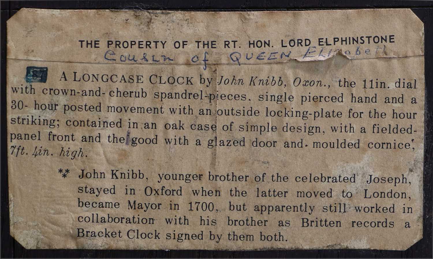 A Rare Oak Thirty Hour Single Handed Longcase Clock, signed John Knibb, Oxon, circa 1700, flat top - Image 9 of 14