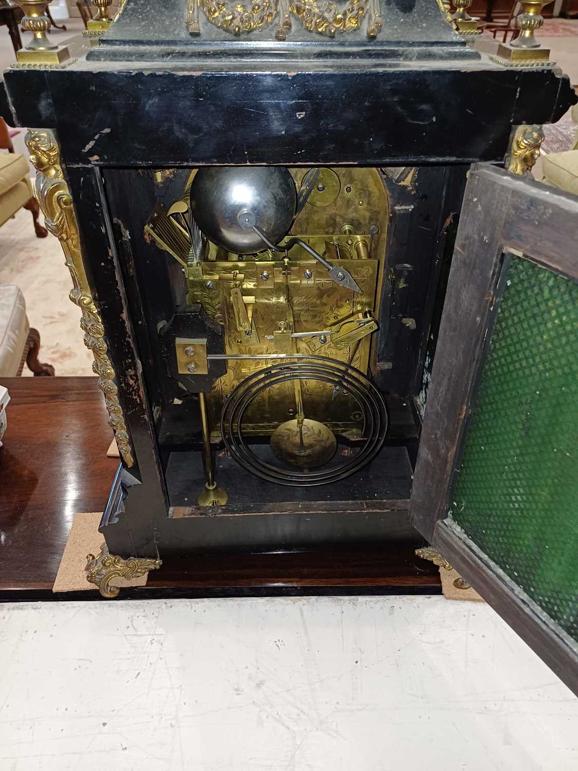 An Ebonised Chiming Table Clock, circa 1890, inverted bell top case with urn shaped finials, side - Image 6 of 19