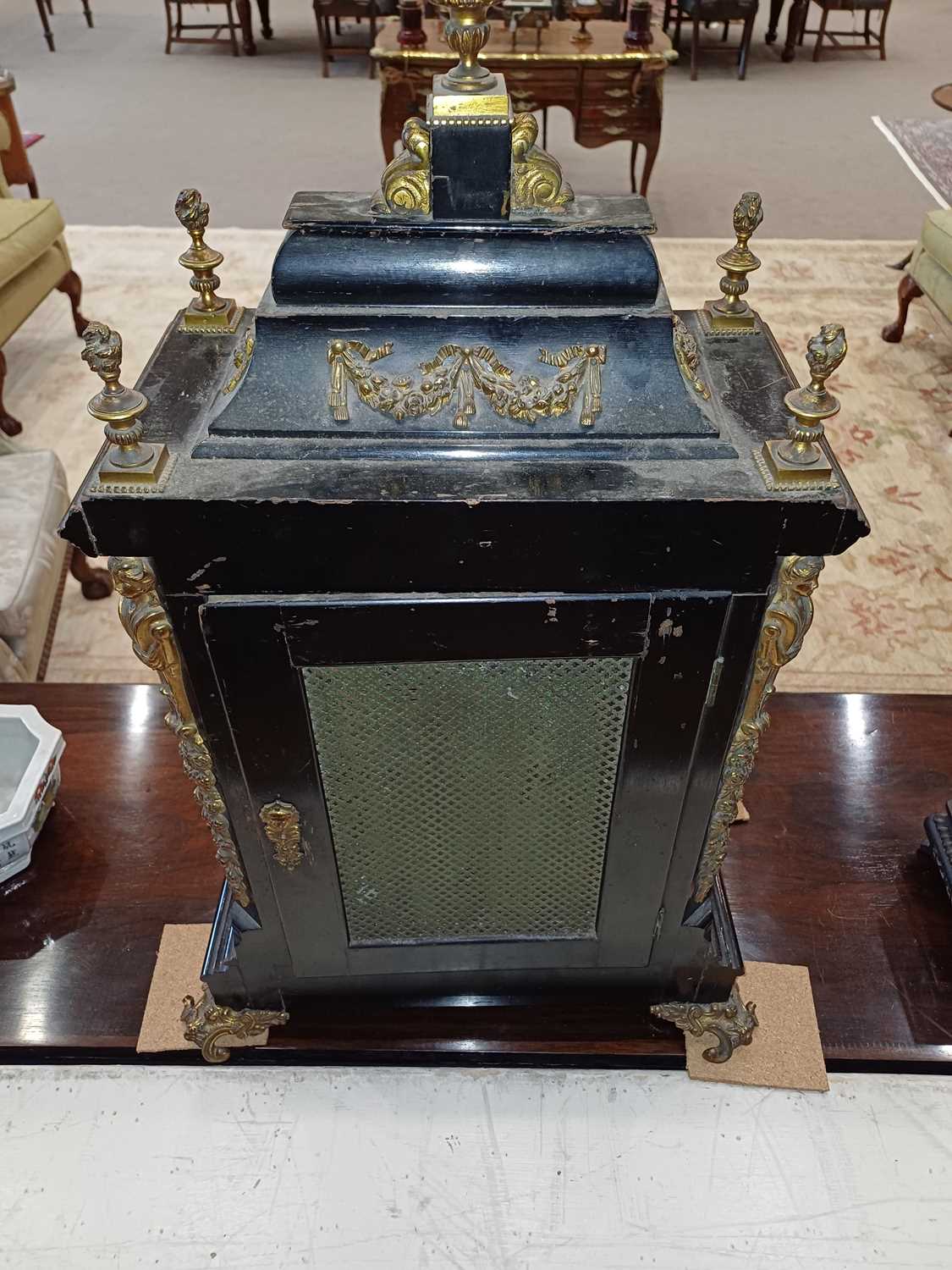 An Ebonised Chiming Table Clock, circa 1890, inverted bell top case with urn shaped finials, side - Image 9 of 19
