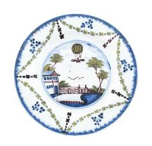 An English Delft Ballooning Side Plate, probably Lambeth, circa 1795, painted in blue, green and