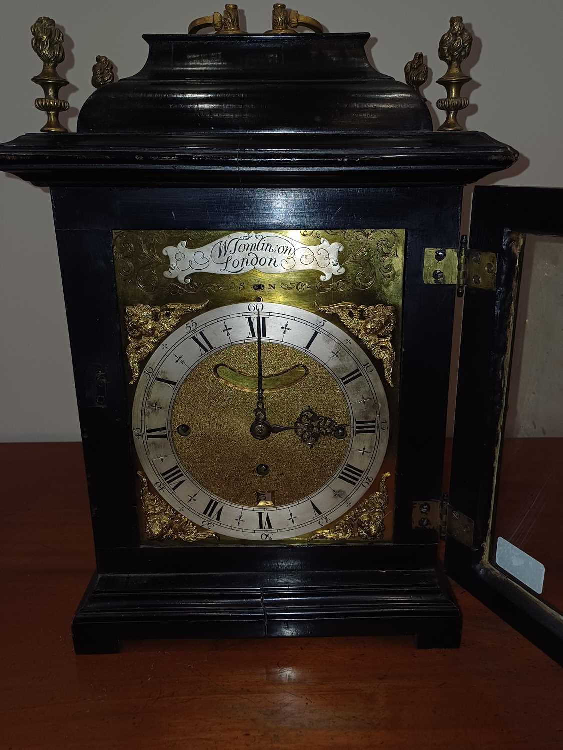 An Ebonised Chiming Table Clock, signed W Tomlinson, London, early 18th century, inverted bell top - Image 17 of 25