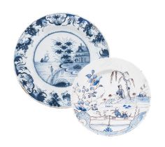 An English Delft Plate, probably Liverpool or Bristol, circa 1750, painted in manganese and blue