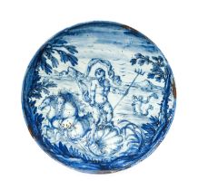 A Savona Maiolica Tazza, 2nd half 17th century, painted in blue with Neptune standing on a shell,