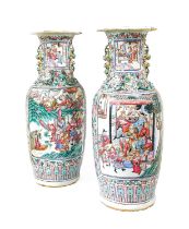 A Pair of Cantonese Porcelain Vases, mid 19th century, of baluster form, the trumpet necks applied