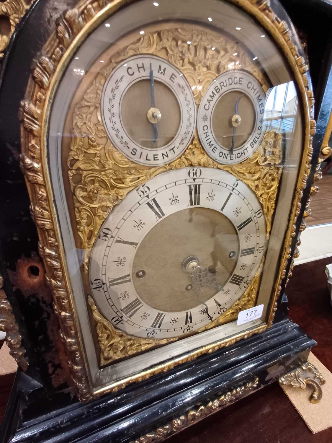 An Ebonised Chiming Table Clock, circa 1890, inverted bell top case with urn shaped finials, side - Image 16 of 19