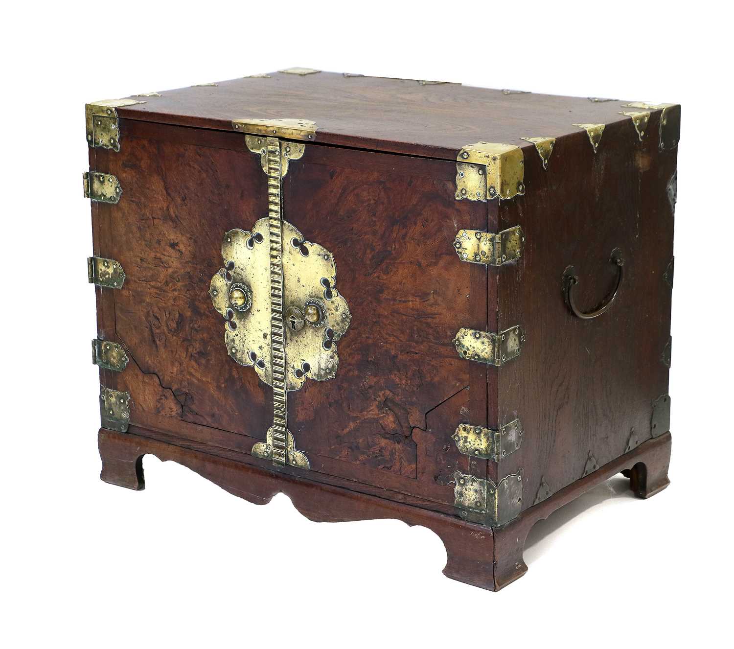 A Teak and Brass-Bound Table Cabinet, late 18th century, of rectangular form, the two hinged doors