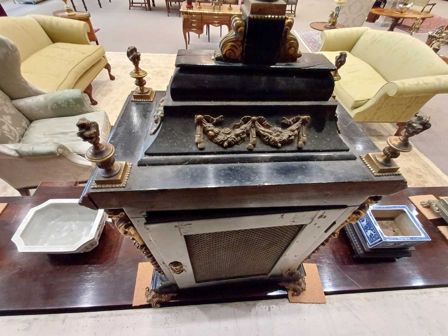 An Ebonised Chiming Table Clock, circa 1890, inverted bell top case with urn shaped finials, side - Image 18 of 19