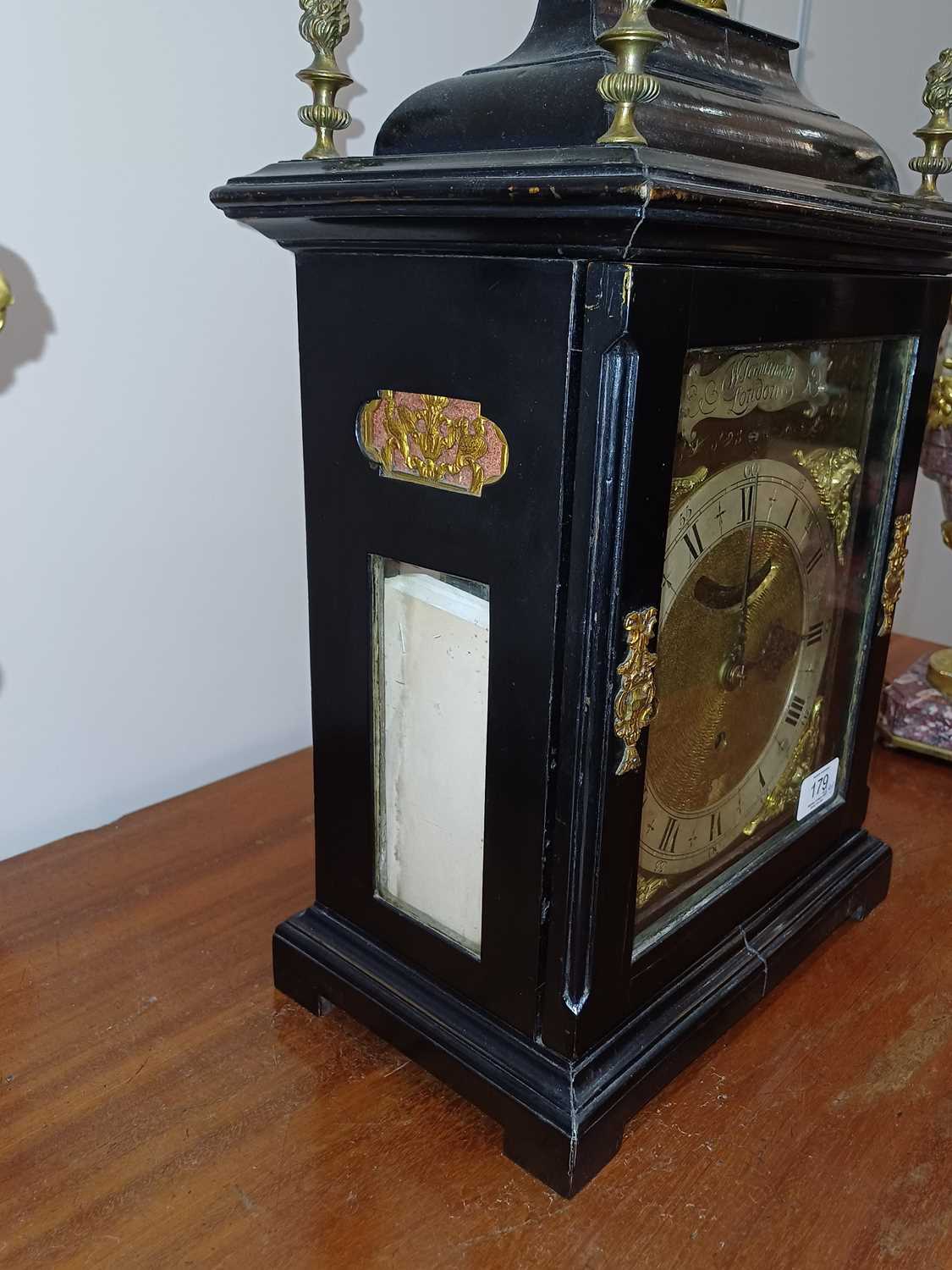 An Ebonised Chiming Table Clock, signed W Tomlinson, London, early 18th century, inverted bell top - Image 19 of 25