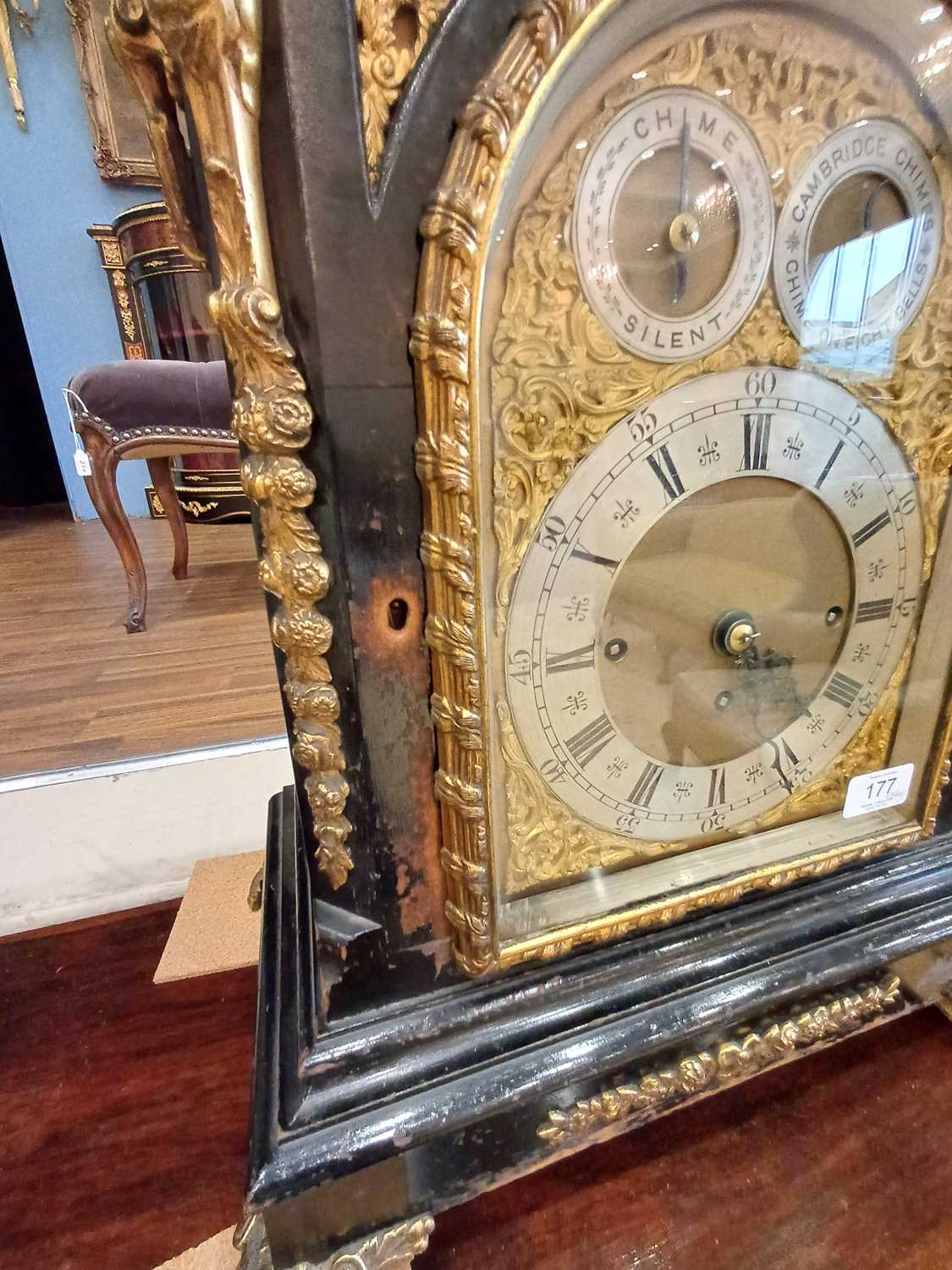 An Ebonised Chiming Table Clock, circa 1890, inverted bell top case with urn shaped finials, side - Image 15 of 19