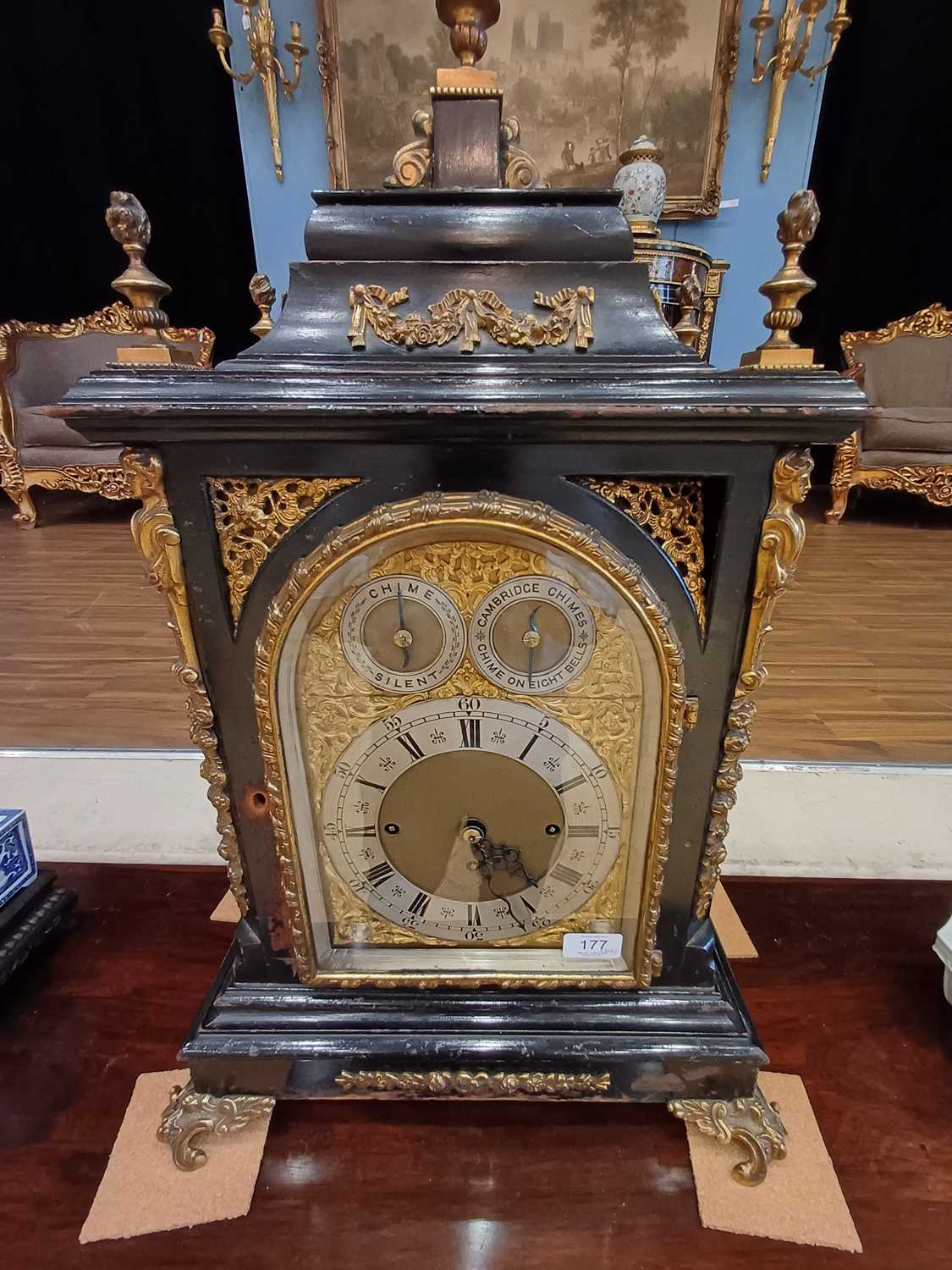 An Ebonised Chiming Table Clock, circa 1890, inverted bell top case with urn shaped finials, side - Image 17 of 19