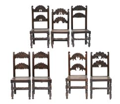 A Harlequin Set of Seven Late 17th Century Joined Oak Yorkshire Back Stools, comprising: a pair with