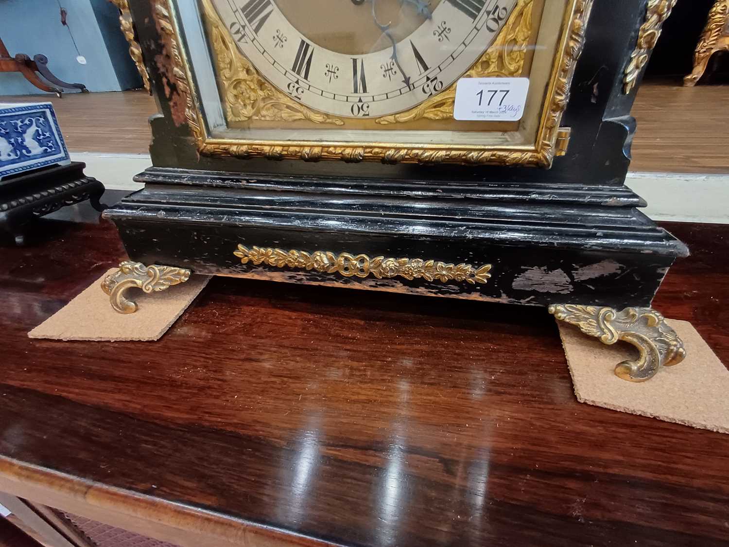 An Ebonised Chiming Table Clock, circa 1890, inverted bell top case with urn shaped finials, side - Image 11 of 19