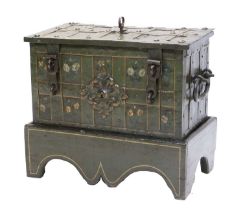 A 17th Century Green-Painted Iron Armada Chest, probably Dutch, of bound rectangular form