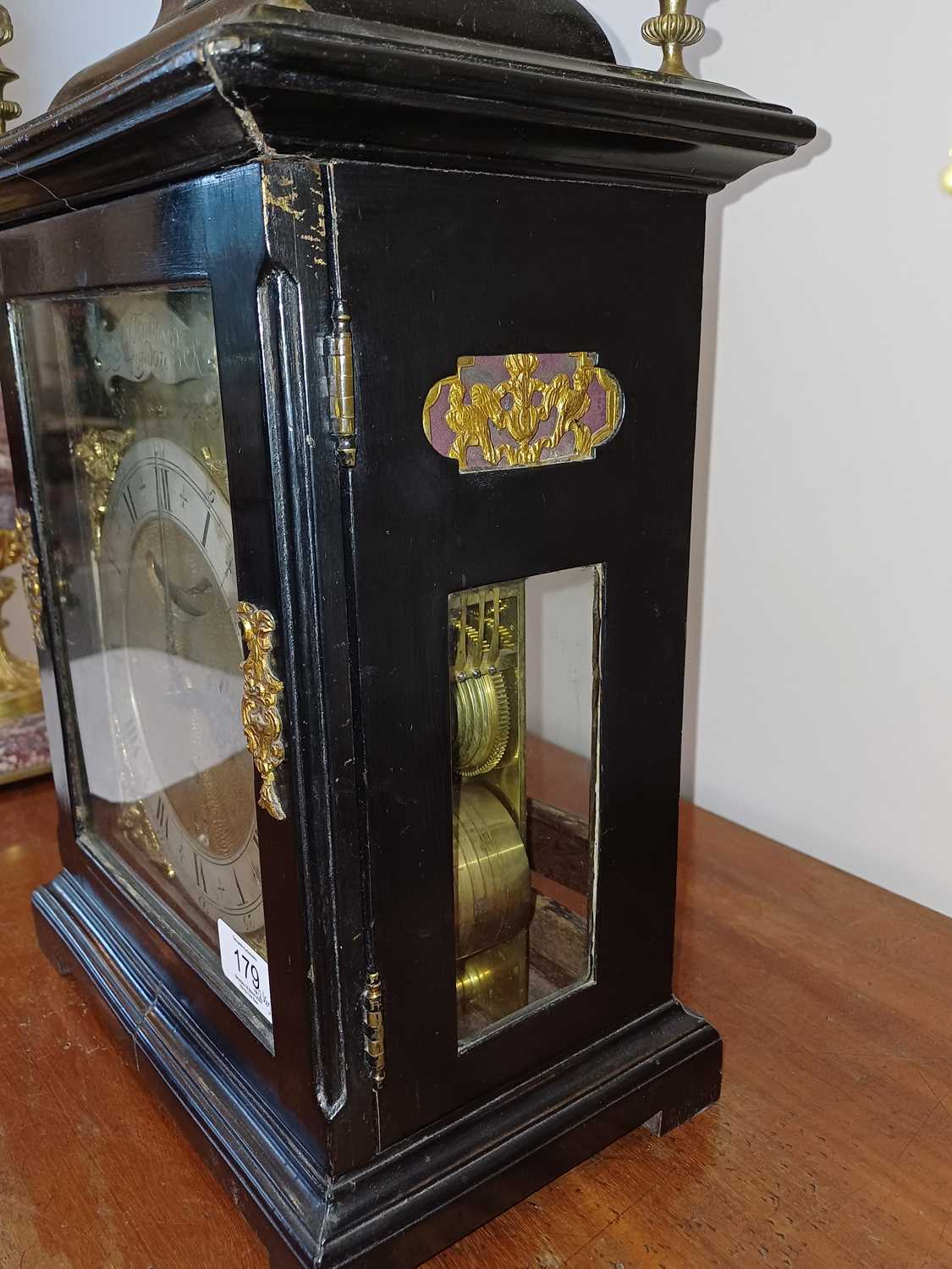 An Ebonised Chiming Table Clock, signed W Tomlinson, London, early 18th century, inverted bell top - Image 20 of 25