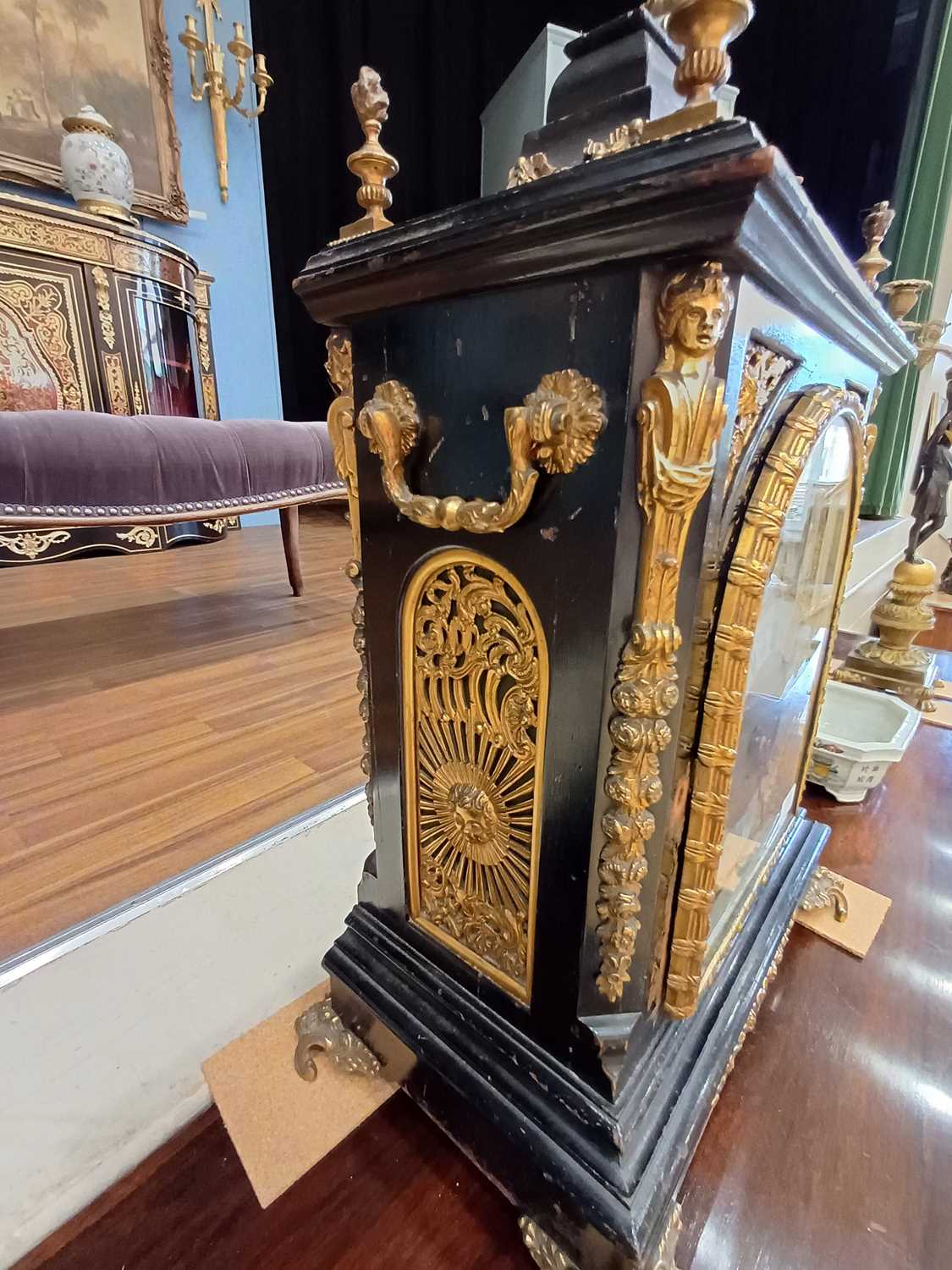 An Ebonised Chiming Table Clock, circa 1890, inverted bell top case with urn shaped finials, side - Image 10 of 19
