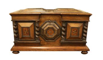 A Late 17th Century Dutch Oak Chest, the hinged lid with raised moulded panels enclosing a later