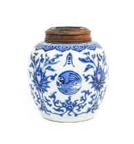 A Chinese Porcelain Ginger Jar, Kangxi, of ovoid form, painted in underglaze blue with lotus sprays,