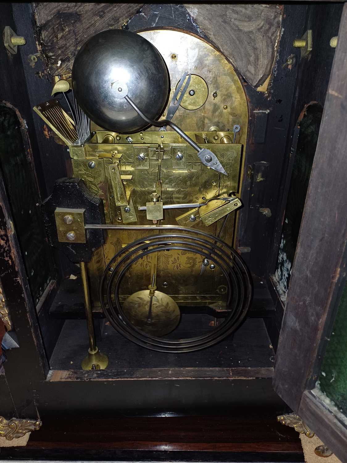 An Ebonised Chiming Table Clock, circa 1890, inverted bell top case with urn shaped finials, side - Image 13 of 19