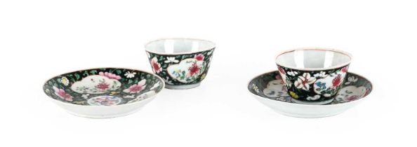 ~ A Pair of Chinese Porcelain Tea Bowls and Saucers, Yongzheng, painted in famille rose enamels with