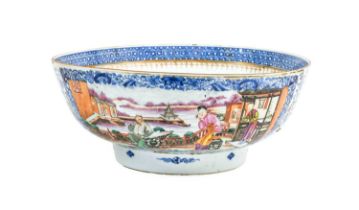 A Chinese Porcelain Punch Bowl, Qianlong, painted in famille rose enamels with figures within blue