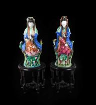 ~ A Pair of Chinese Porcelain Figures of Guanyin, Qing Dynasty, late 18th/19th century, typically