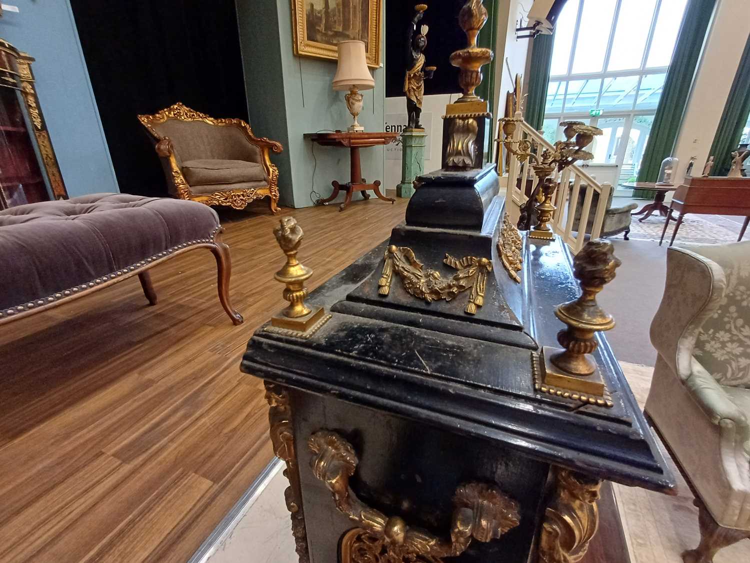 An Ebonised Chiming Table Clock, circa 1890, inverted bell top case with urn shaped finials, side - Image 7 of 19