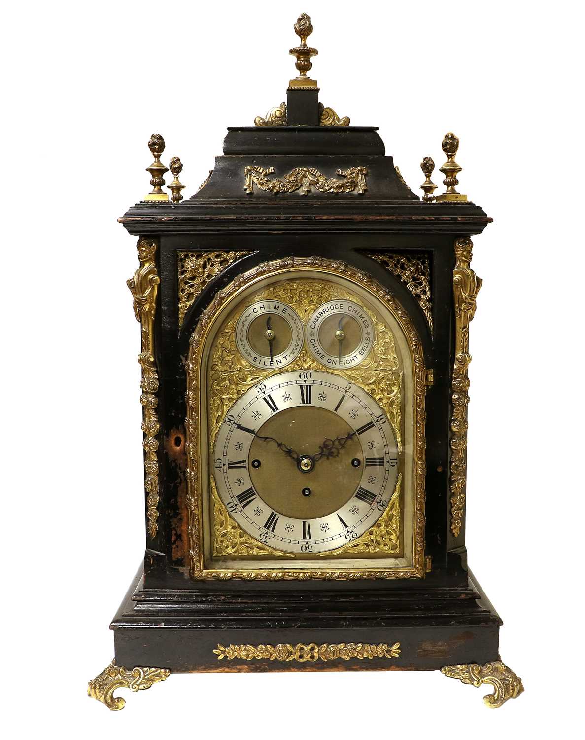 An Ebonised Chiming Table Clock, circa 1890, inverted bell top case with urn shaped finials, side - Image 2 of 19