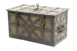 A 17th Century Painted Iron Armada Chest, probably Dutch, of bound rectangular form, decorated
