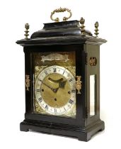 An Ebonised Chiming Table Clock, signed W Tomlinson, London, early 18th century, inverted bell top