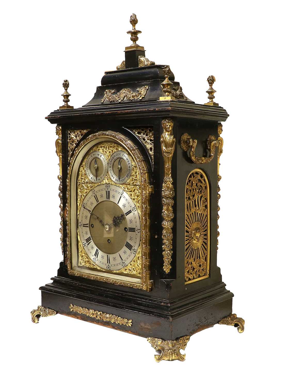 An Ebonised Chiming Table Clock, circa 1890, inverted bell top case with urn shaped finials, side