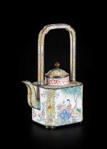 ~ A Canton Enamel Wine Pot and Cover, Qing Dynasty, probably Qianlong, of rectangular form with