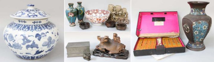 Assorted Asian Art, including a Chinese bronze champleve vase, majong set in case, a blue and