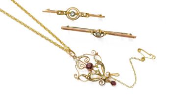 An Early 20th Century Garnet and Split Pearl Pendant on A Later 9 Carat Gold Chain, pendant with