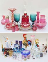 A Collection of Victorian and Studio Glassware, including cranberry glass, Latticino beaker,