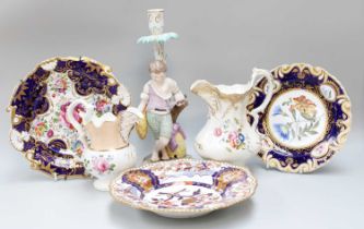 A Group of English Porcelain, including a Derby figural candlestick, Spode Feldspar Imari soup