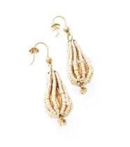 A Pair of Seed Pearl Drop Earrings, the cage forms set throughout with seed pearls, with hook