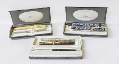 A Collection of Seven Various Parker Pens, variously decorated, including fountain and roller-