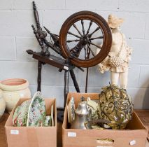 An Oak Spinning Wheel; a large cream pottery figure of a water boy; a Coalport indian tree pattern