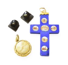 A Micro Mosaic Cross Pendant, measures 6.6cm by 3.6cm (a.f.); A Pair of Micro Mosaic Dress Studs (