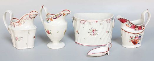 Three Various Newhall Porcelain Cream Jugs, circa 1790, a similar writhen sugar moulded sugar box